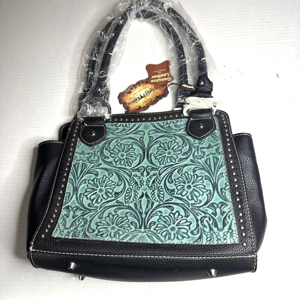 NEW Trinity Ranch Turquoise Black Tooled  Leather Purse Montana West Studs $89